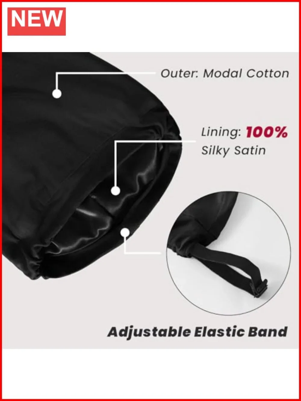 Satin Lined Sleep Cap with Adjustable Buckle, 2 Pack Hair Bonnet